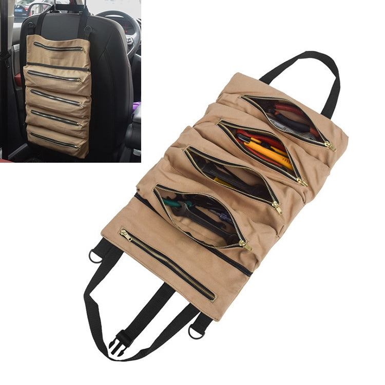 Khaki canvas multi-pocket tool bag with zip compartments, shown open with tools