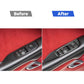 Before-and-after of carbon fiber window switch trim sticker on door controls