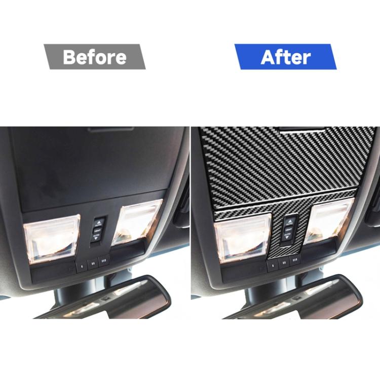 Before and after view of carbon fiber reading light panel sticker on door console