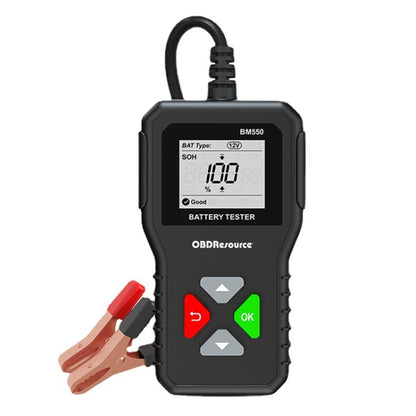 Handheld car battery tester with LCD screen and red/black clamp leads