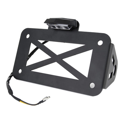 Black motorcycle license plate holder with built-in LED light and cross-brace pattern