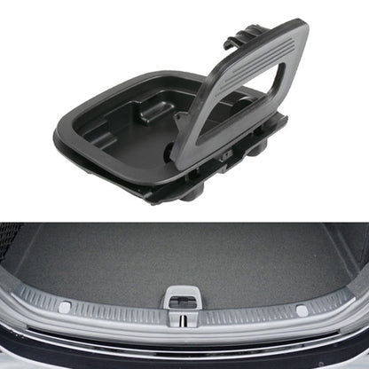 Trunk release handle cover assembly, dark gray/black plastic with silver trim