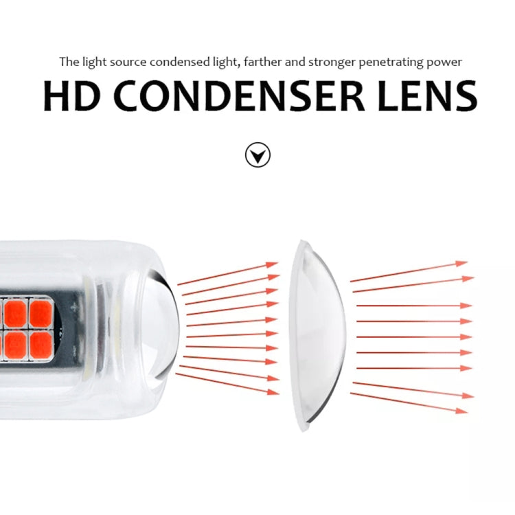 Clear LED car brake light bulb with metal base and LED chip, close-up of lens area