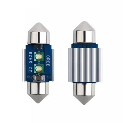 Pair of 31mm dome LED car reading lamps, blue PCB with 3 yellow LEDs, chrome ends
