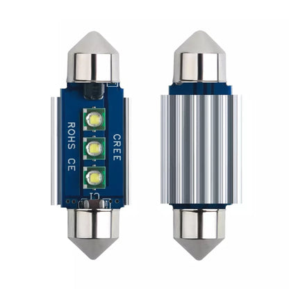 Pair of 36mm car reading dome LED bulbs, chrome caps, blue board, 3 SMD LEDs each