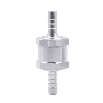6mm one-way fuel check valve, silver aluminum alloy with barbed hose fittings
