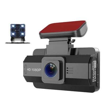 Car dual dash camera with front and rear lenses, compact black/red housing