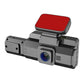 Dual dash cam with front and interior cameras, red-topped housing and lens