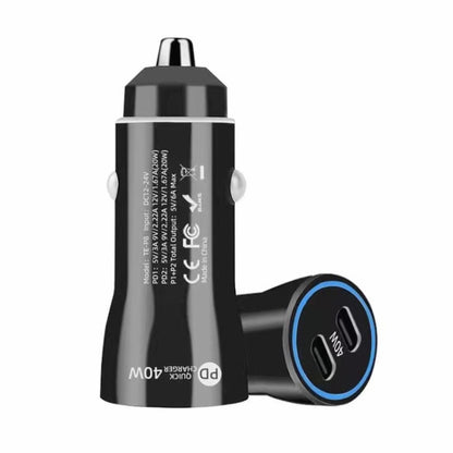 Black dual-port PD car charger with USB-C ports and cigarette-lighter plug, 40W