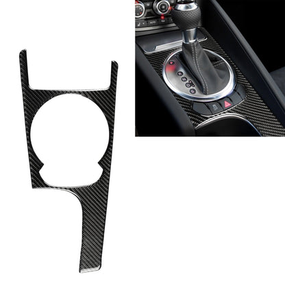 Carbon fiber gear shift panel sticker with round cutout, black textured finish