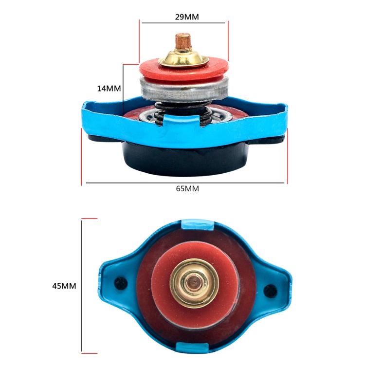 Radiator cap water thermometer accessory with blue housing and labeled dimensions