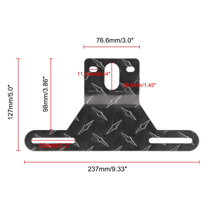 Aluminum license plate light bracket, 237mm x 76.6mm, with mounting holes and slot