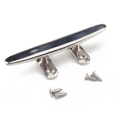 Stainless steel boat cleat with flat top bar and included mounting screws