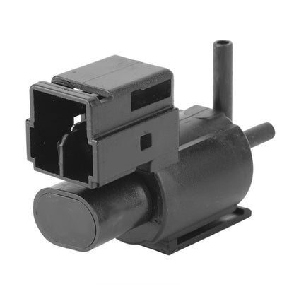 Vacuum switch purge valve solenoid with electrical connector and two hose ports, black.