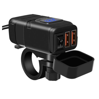 Black dual-port car USB charger with blue LED voltmeter display and power switch