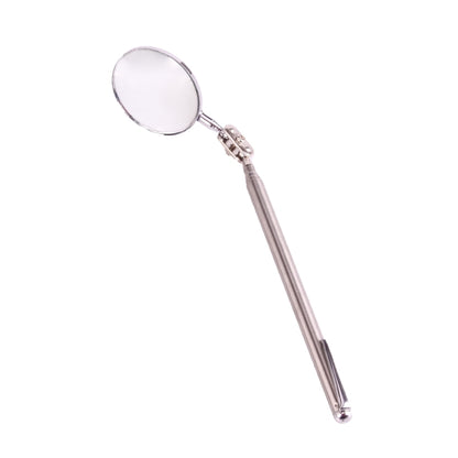 Telescoping inspection mirror with round reflective head on a straight metal handle