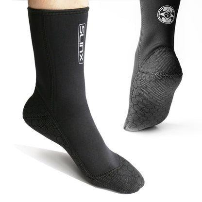 SLINX 3mm neoprene diving socks, black with SLINX logo cuff and hex-pattern grip soles