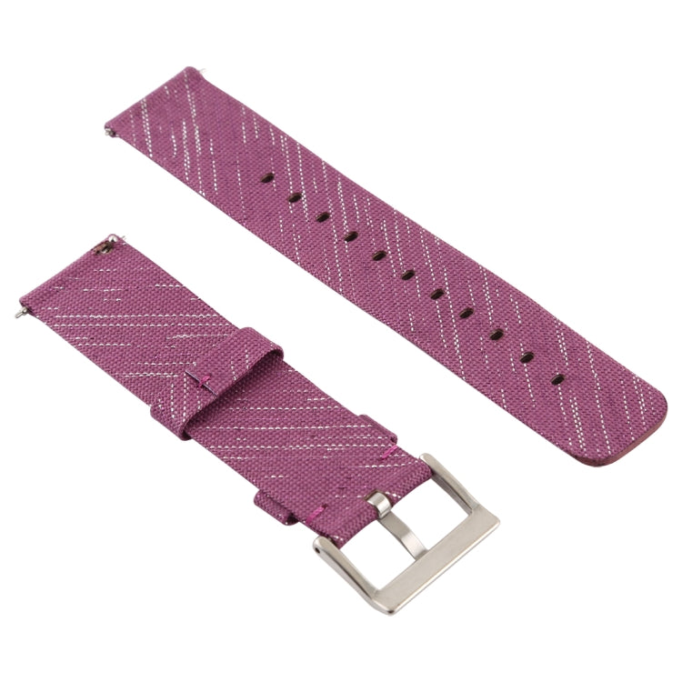 Canvas wrist strap with silver buckle, purple fabric with contrast stitching