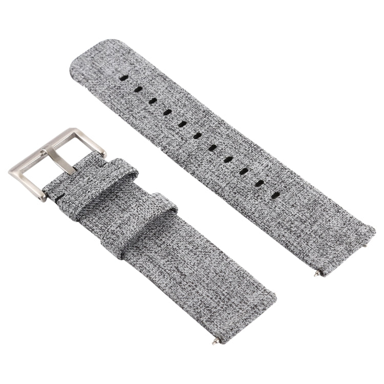 Grey canvas watch wrist strap with metal buckle and stitched pin holes