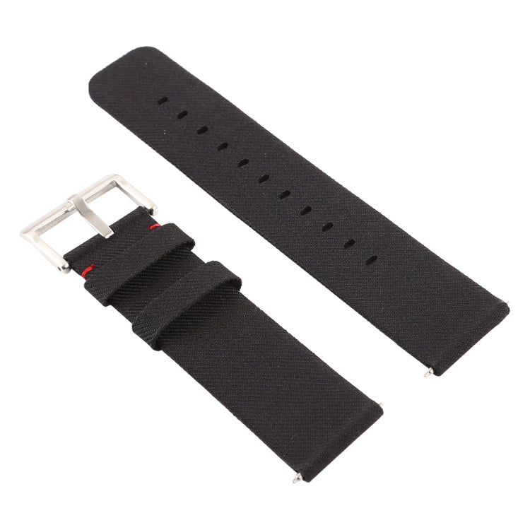 Black canvas watch wrist strap with metal buckle and stitched pin holes
