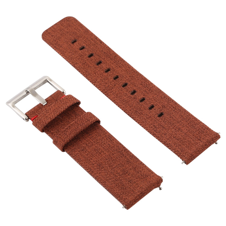 Brown canvas watch wrist strap with metal buckle and stitched pin holes