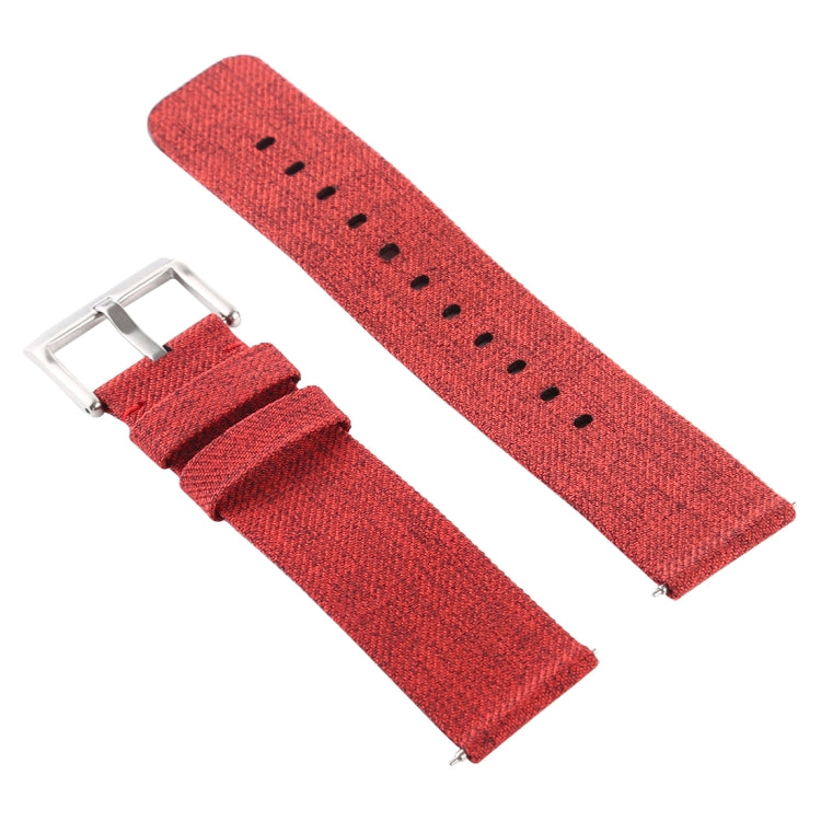 Red canvas watch wrist strap with metal buckle and stitched pin holes