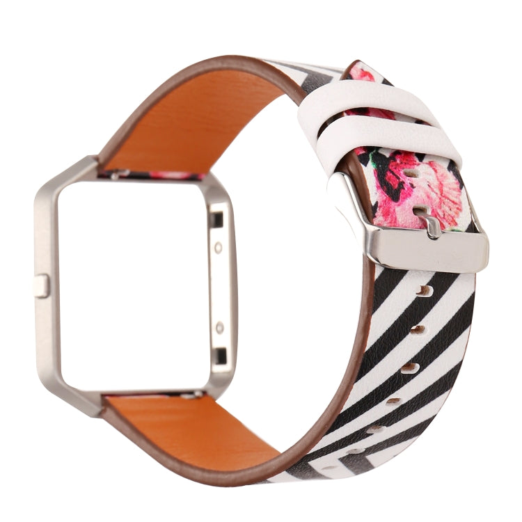 Leather watch strap for Fitbit Blaze, white floral with black stripe, silver buckle