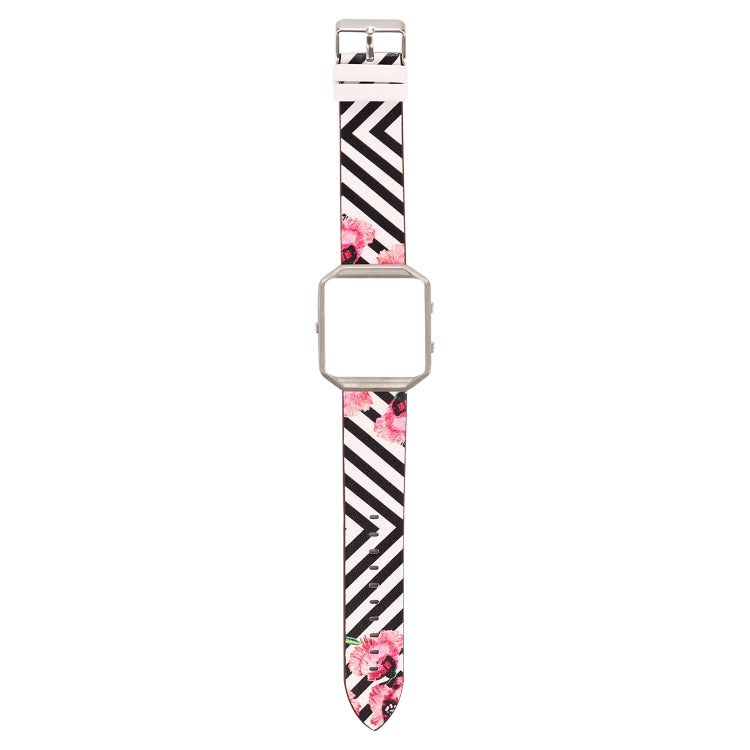 Leather watch strap for Fitbit Blaze, long floral and striped band, silver clasp
