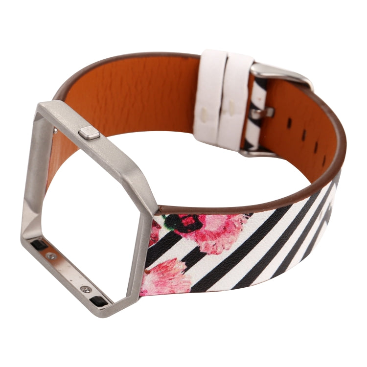 Leather watch strap for Fitbit Blaze, striped floral band with white top strap, silver clasp
