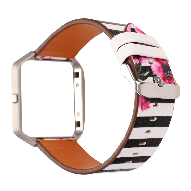 Leather watch strap for Fitbit Blaze, white strap with pink floral accents, silver clasp