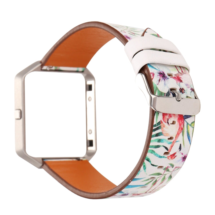 Leather watch strap for Fitbit Blaze, white floral garden print with multicolor leaves, silver buckle