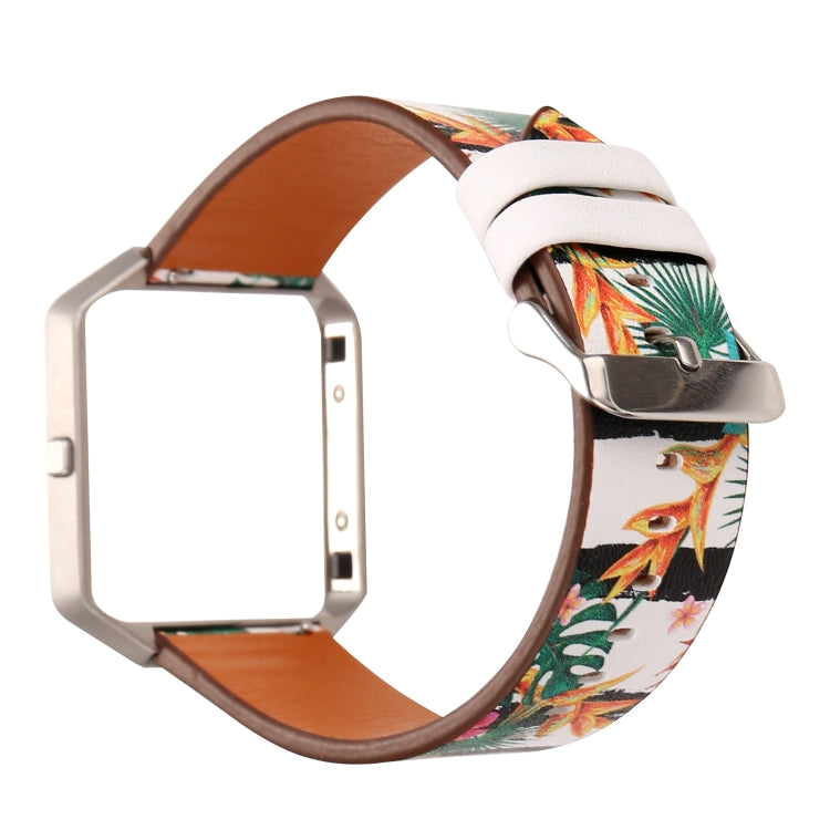 Leather watch strap for Fitbit Blaze, white tropical floral print with orange interior, silver buckle