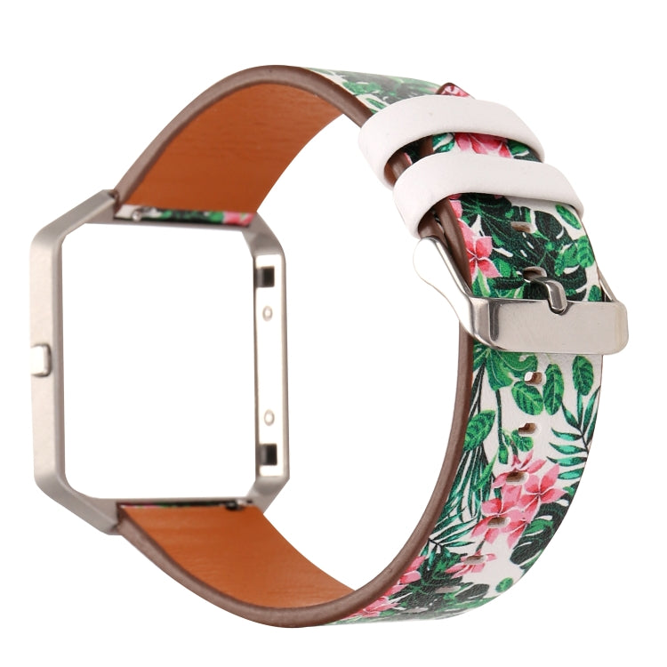 Leather watch strap for Fitbit Blaze, white strap with green leaf print and pink flowers, silver buckle