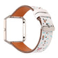 White leather-style Fitbit Blaze watch strap with colorful bird icons and metal buckle