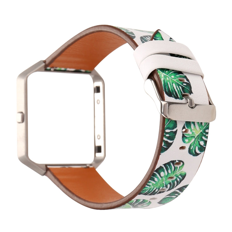 White leather-style Fitbit Blaze watch strap with green tropical leaf pattern and metal buckle