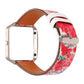 White leather-style Fitbit Blaze watch strap with red floral pattern and metal buckle
