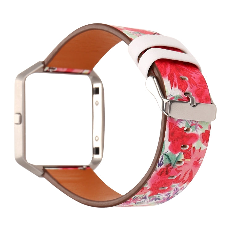 White leather-style Fitbit Blaze watch strap with red floral pattern and metal buckle