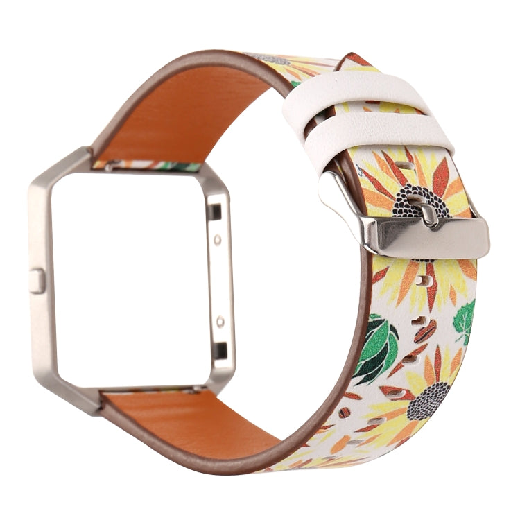 White leather-style Fitbit Blaze watch strap with sunflower and leaf pattern and metal buckle