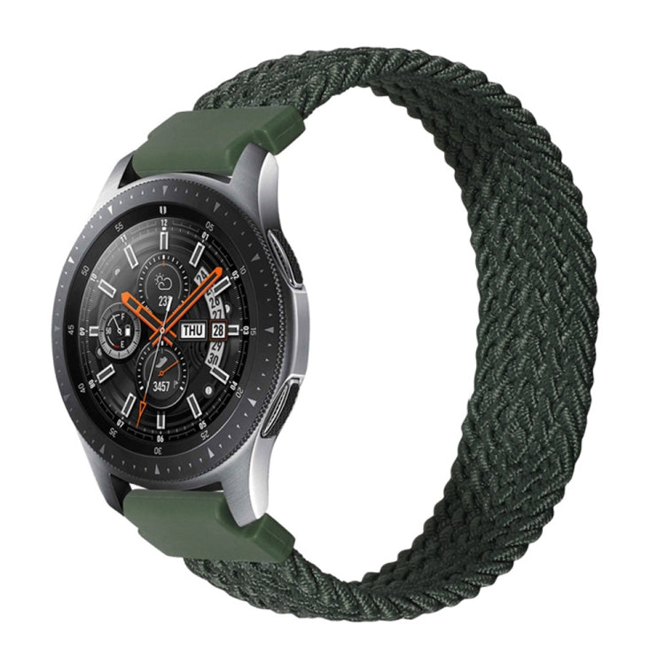 Woven nylon watch strap in dark green with ribbed braided texture; pin-and-tab ends.
