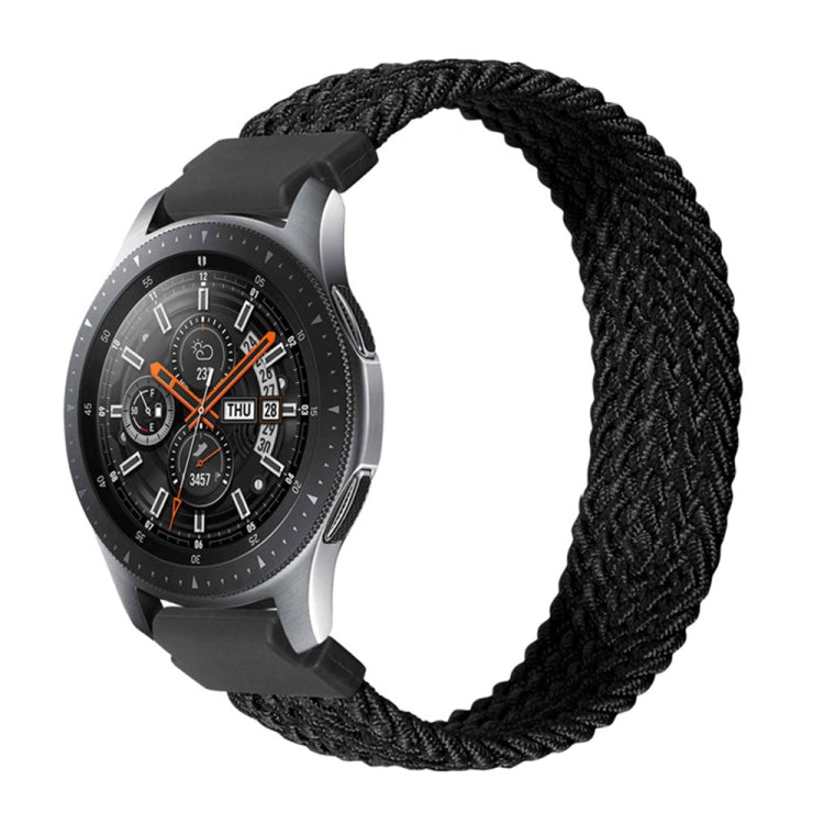 Woven nylon watch strap in black with braided texture; secure with pin-and-tab ends.