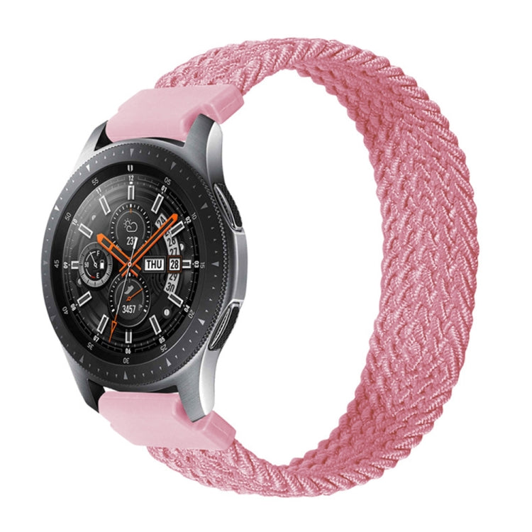 Woven nylon watch strap in pink with braided weave; end clasp tabs and pins shown.