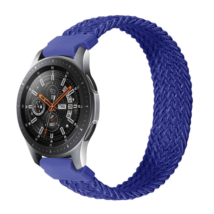Woven nylon watch strap in deep blue with braided weave; clasp tabs and pins shown.