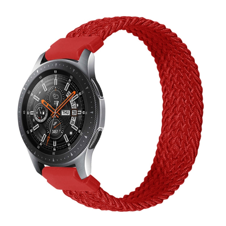 Woven nylon watch strap in red with braided weave; end clasp tabs and pins shown.