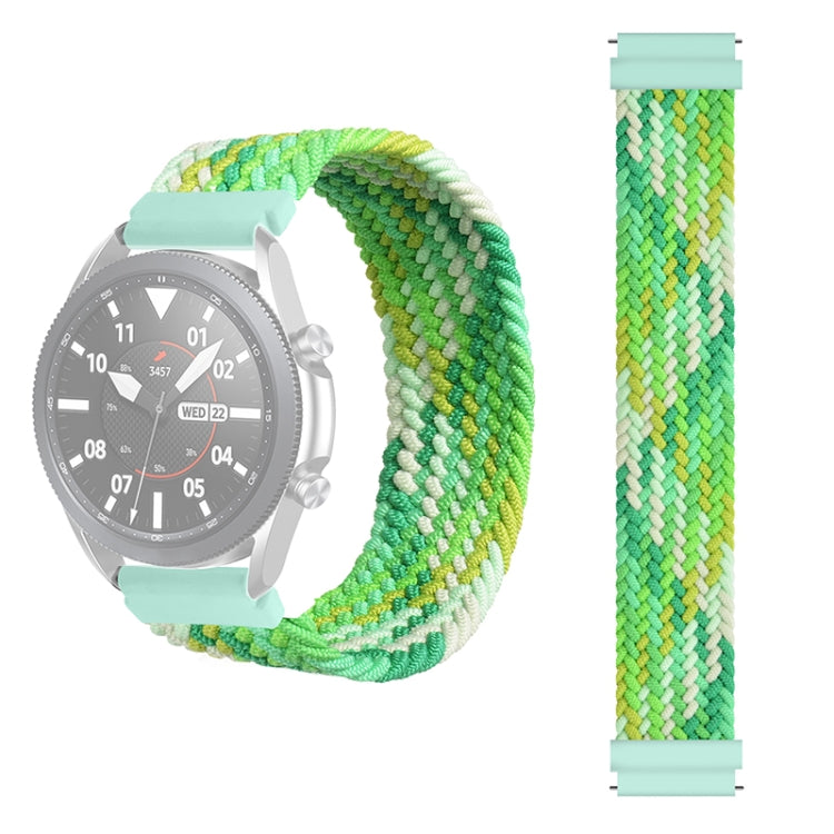 Woven nylon watch strap in mint, green, and white stripe pattern; straight side view.