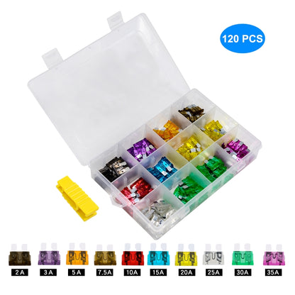 120-piece car fuse set with assorted colored blade fuses and clear storage case.