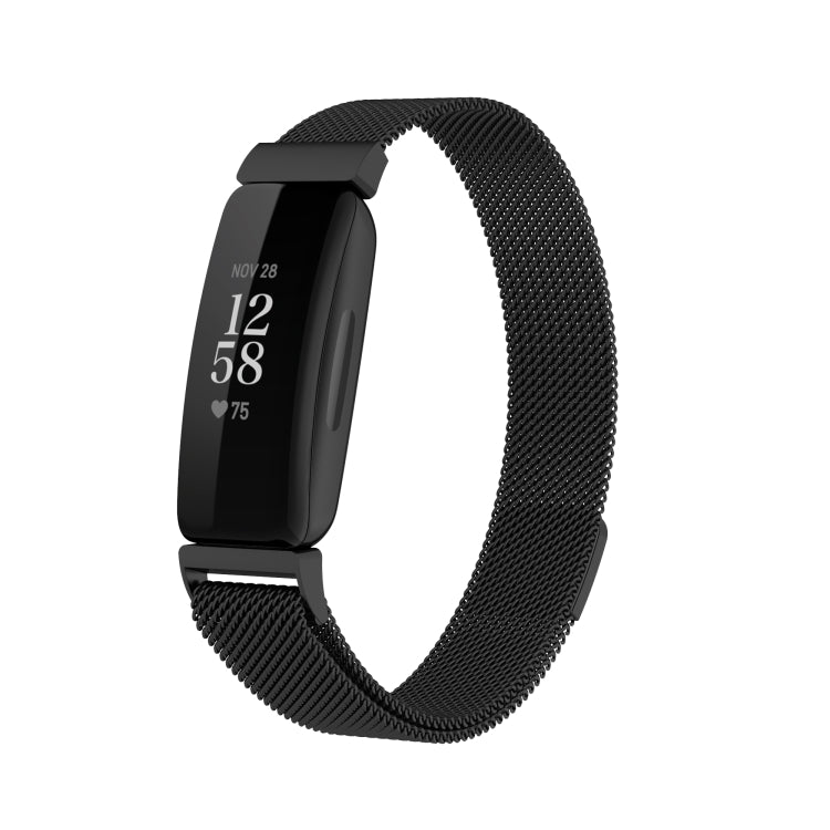Black Milanese mesh strap with smartwatch display, compatible with Fitbit Inspire 2