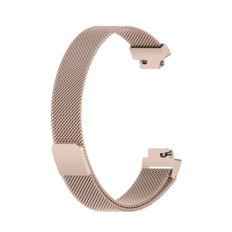 Champagne gold milanese metal watch strap with snap clasp, looped for a fitness tracker.