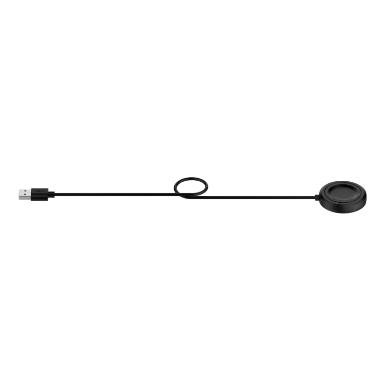 Black charging cable laid flat with USB-A plug and round magnetic dock
