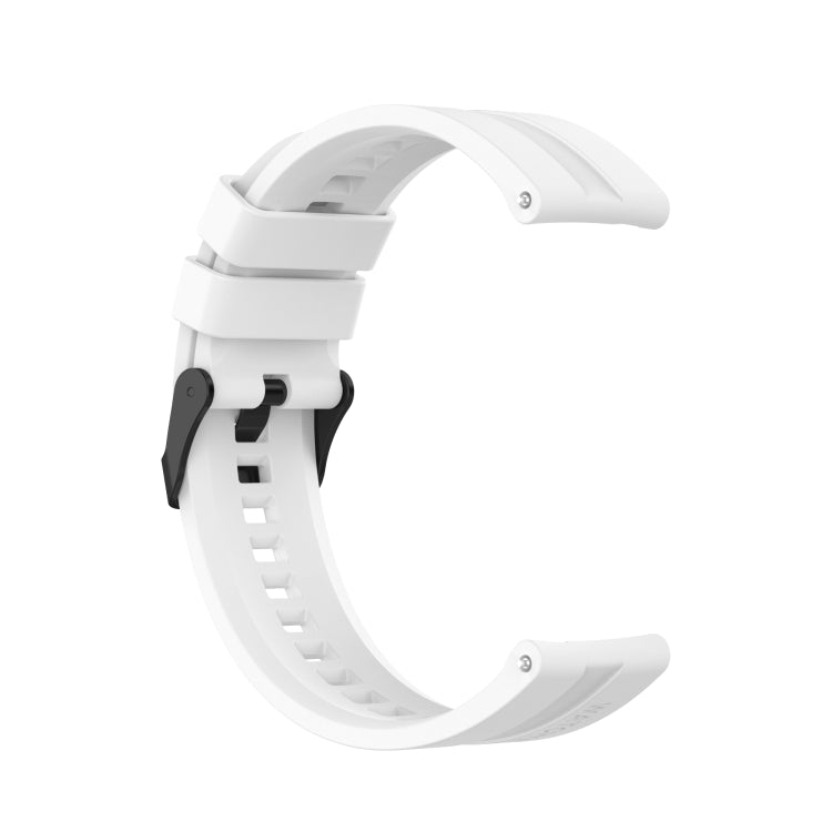 White silicone watch strap with black buckle and adjustable pin holes