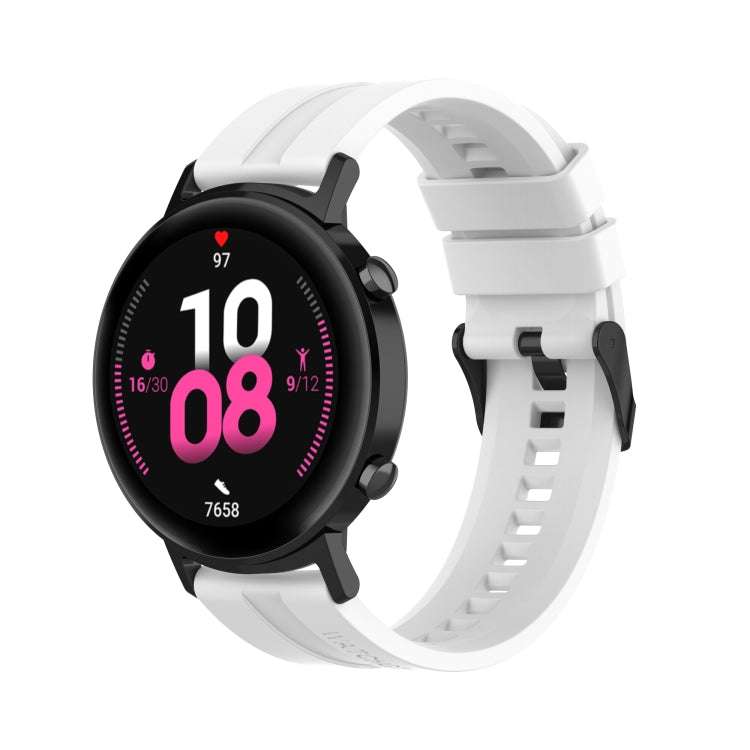 White silicone watch strap with black buckle and watch adapter on strap